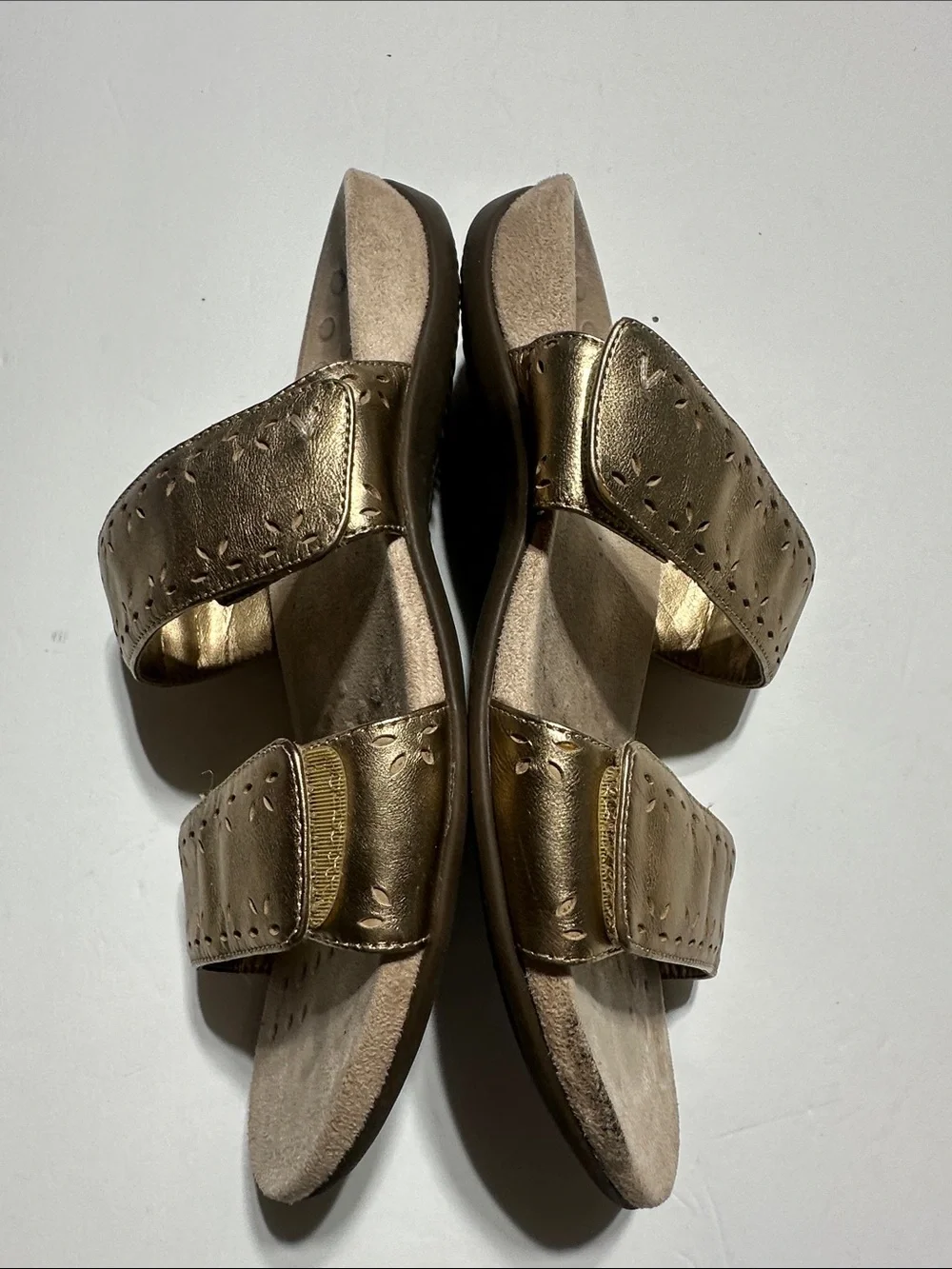 Vionic Randi Metallic Gold Double-Strap Slide Sandals with perforated details